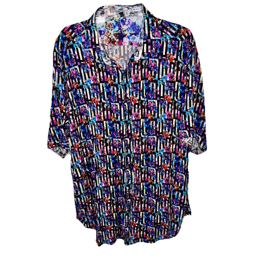 Robert Graham Jump Start Wearable Art Floral Short Sleeve Shirt 1 XL - Tall